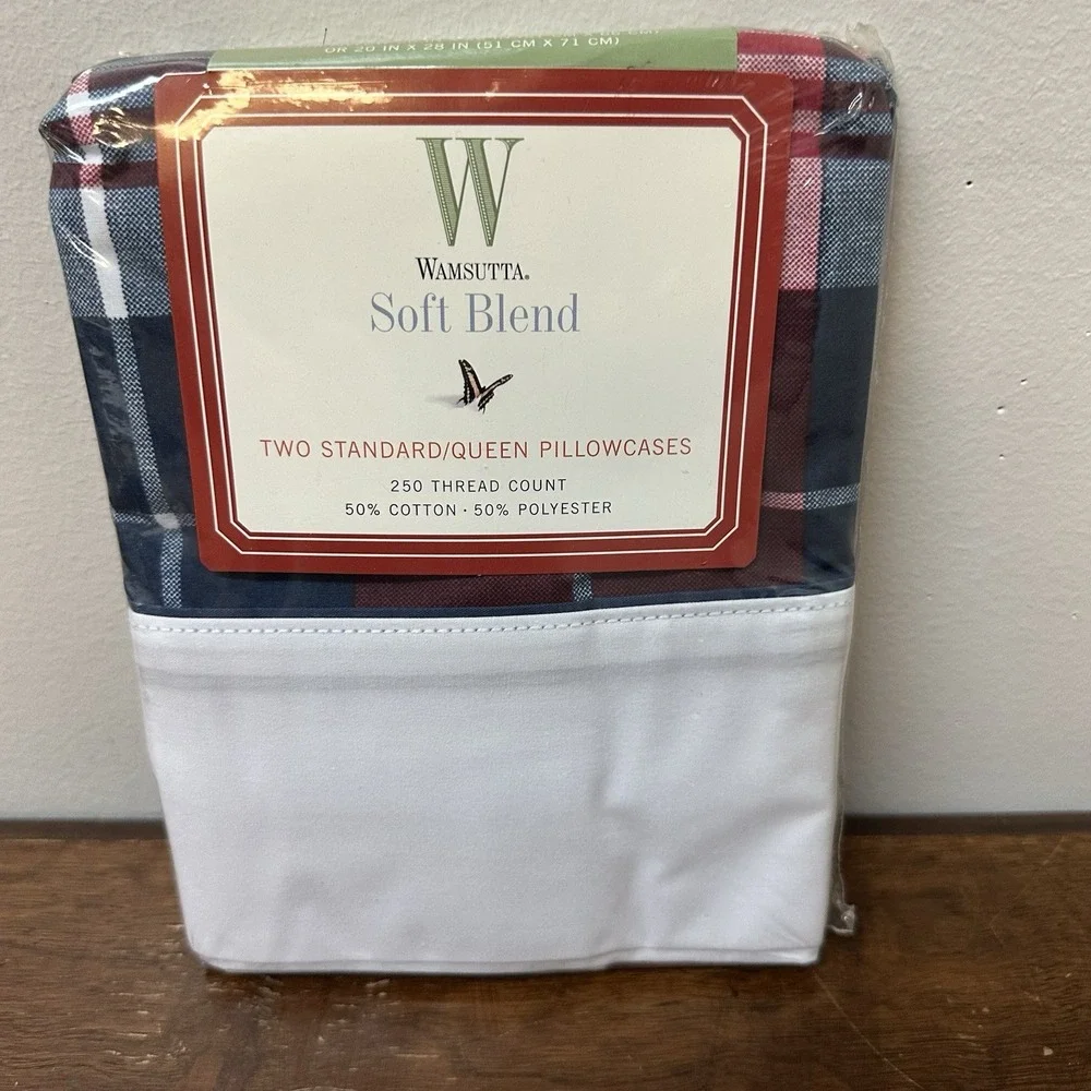 Vintage Wamsutta Soft Blend Red White Blue Plaid Pillowcases NEW NOS